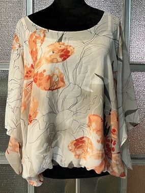Alfani Floral Angel Wing Sleeve Chiffon Blouse in Cream, Orange and White